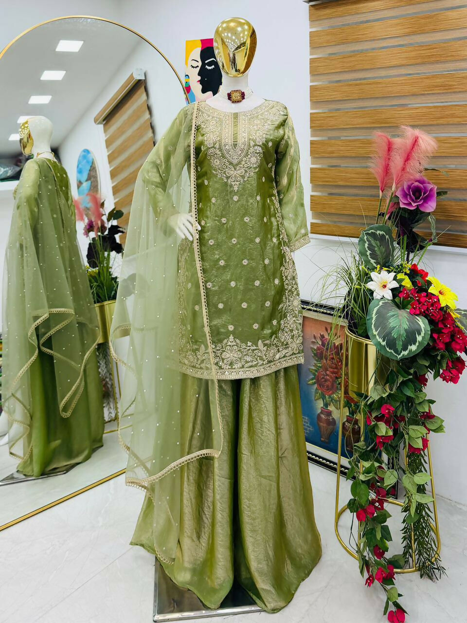 Teeya Creation New Trendy Womens Wedding Wear Kurta Palazzo Set - Light-Green