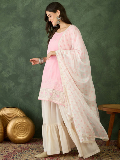 The52 Women's Gorgeous Embroidery Work Cotton Satin Fabric Straight Kurta Sharara and Dupatta Set-Peach