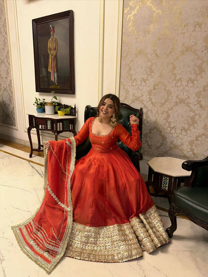 Teeya Creation Womens New Fancy Silk Heavy Quality Fabric With Handwork Orange Gown Set