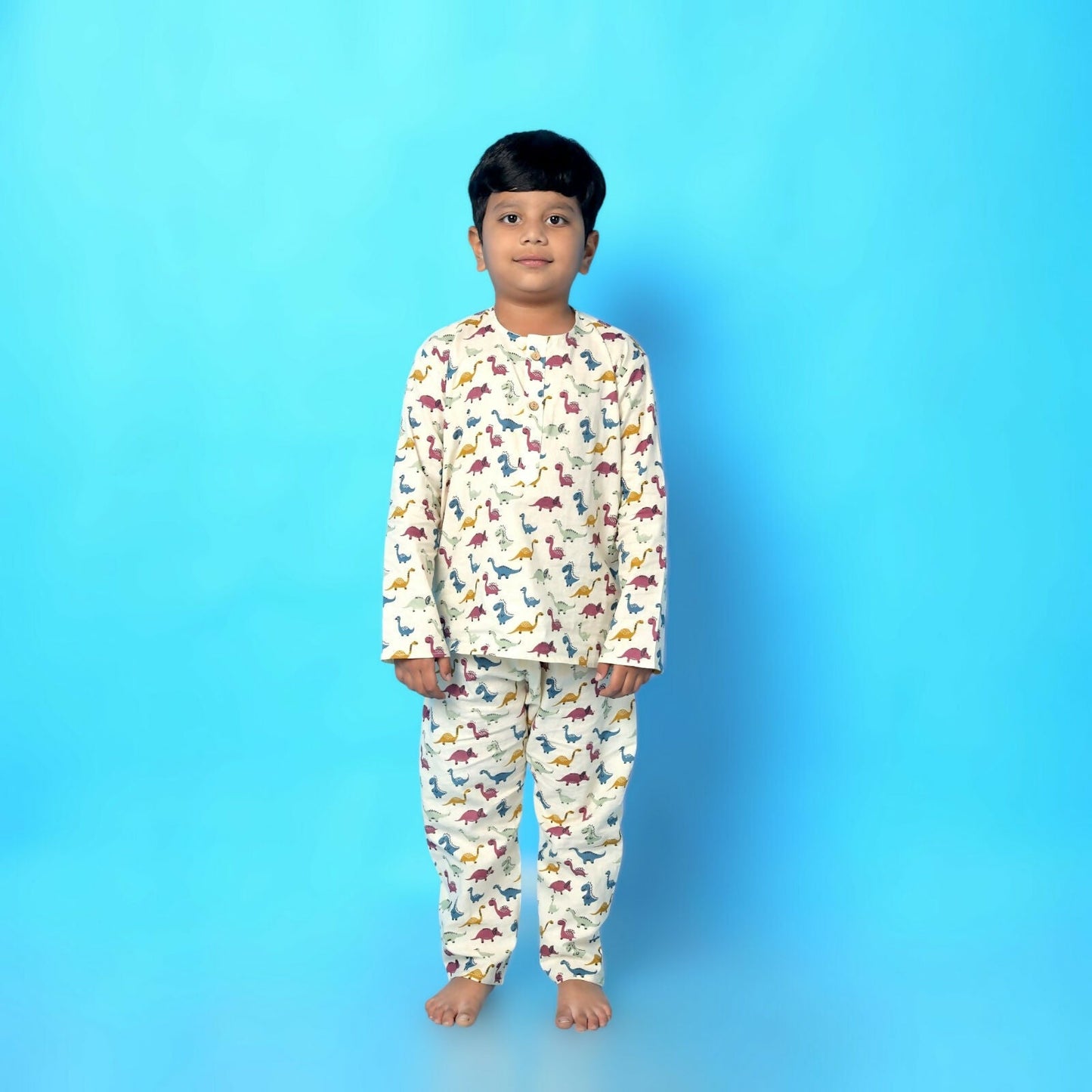 Breathables Kids Cotton Dinosaur Print Night Suit  Cream Full Sleeves Kurta & Pants Co-Ord Set | Boys & Girls Nightwear & Loungewear