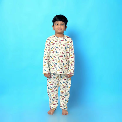 Breathables Kids Cotton Dinosaur Print Night Suit  Cream Full Sleeves Kurta & Pants Co-Ord Set | Boys & Girls Nightwear & Loungewear