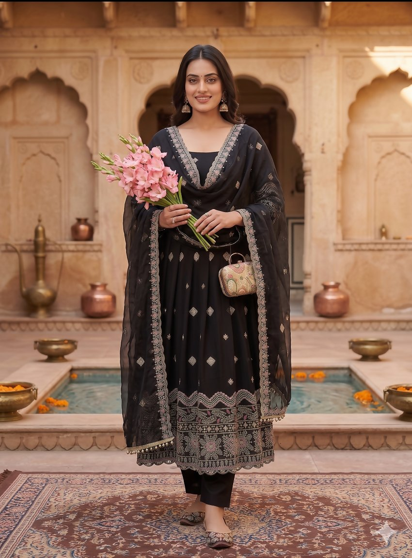 Teeya Creation Premium Black Ethnic Kurti With Sharara And Embellished Dupatta Set