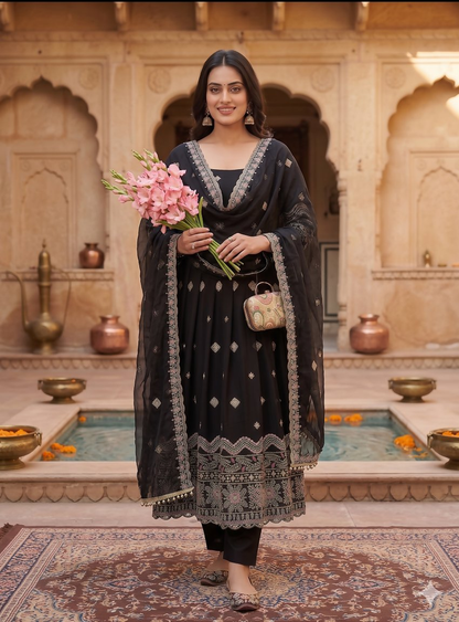 Teeya Creation Premium Black Ethnic Kurti With Sharara And Embellished Dupatta Set