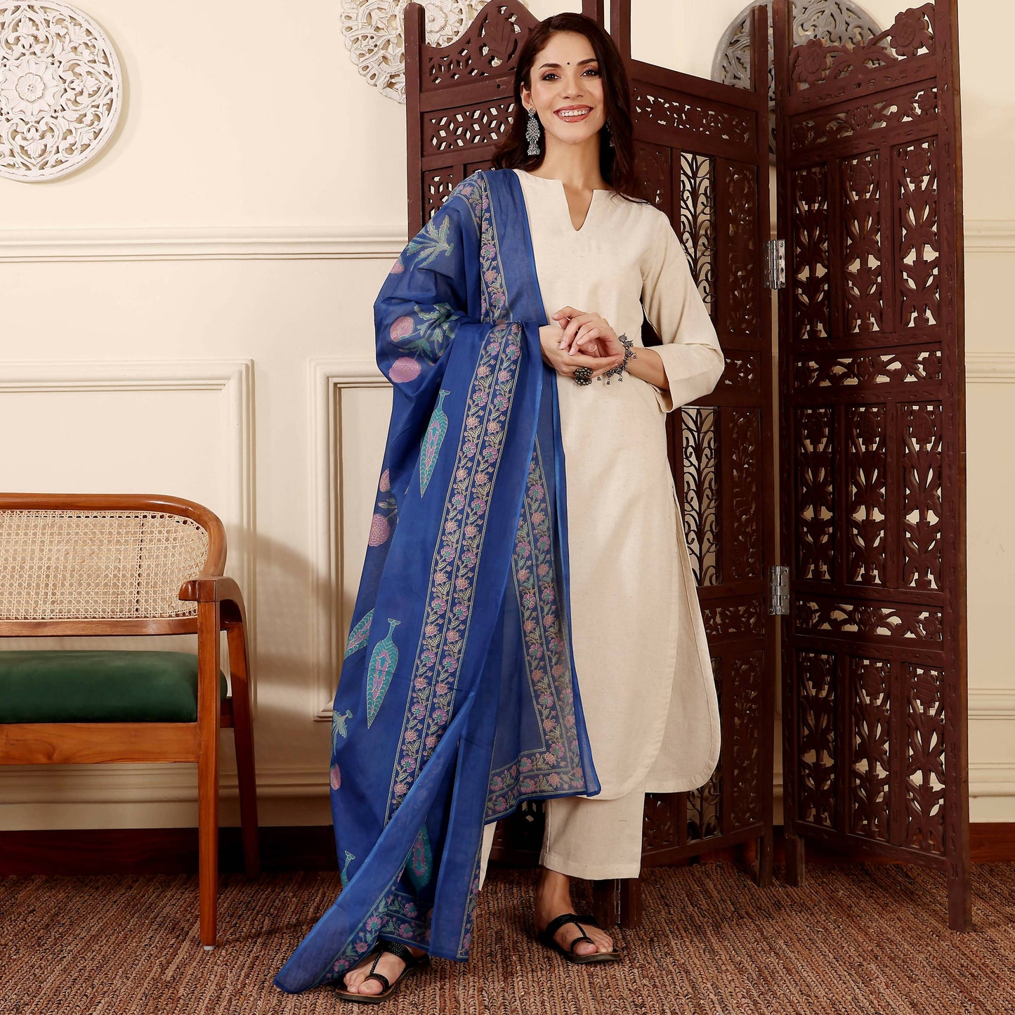 The52 Women's Gorgeous Solid Chanderi Silk Fabric Straight Kurta Pant and Dupatta Set-Off White
