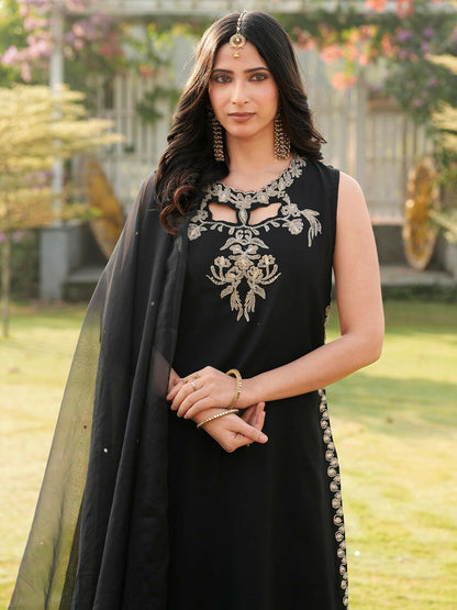 Nikhaar Black Embroidered Art Silk Stitched A Line Kurta Palazzo Dupatta Readymade Suit