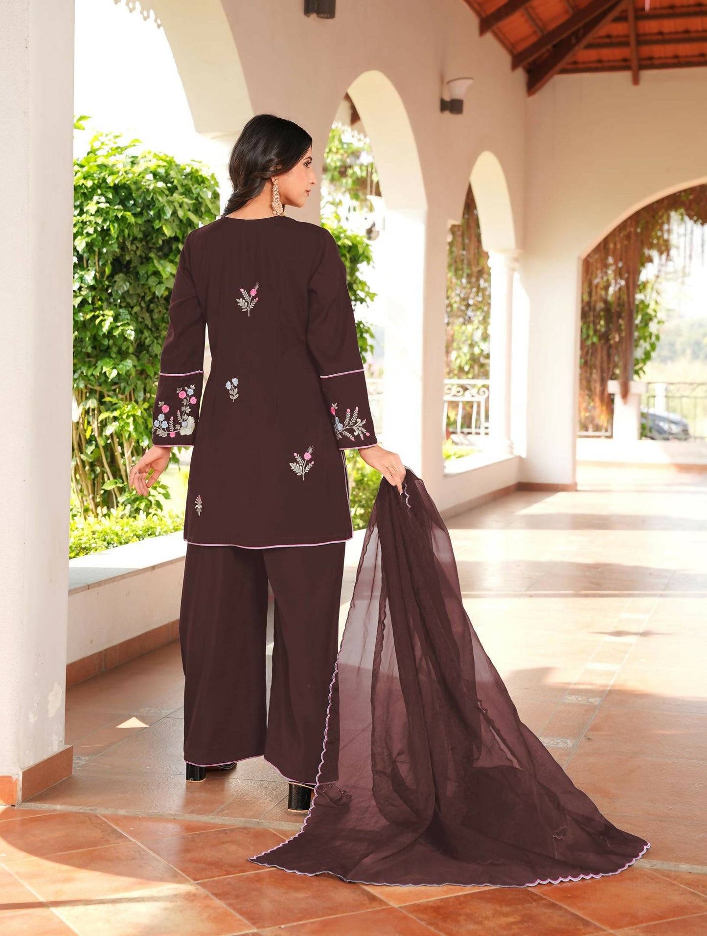 Nikhaar Brown Embroidered Art Silk Stitched Straight Cut Kurta Culottes Dupatta Readymade Suit