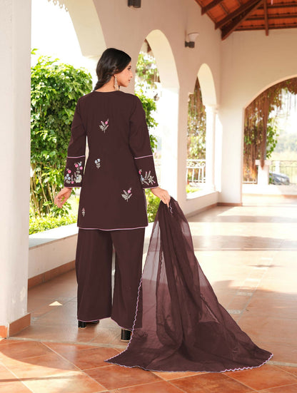 Nikhaar Brown Embroidered Art Silk Stitched Straight Cut Kurta Culottes Dupatta Readymade Suit