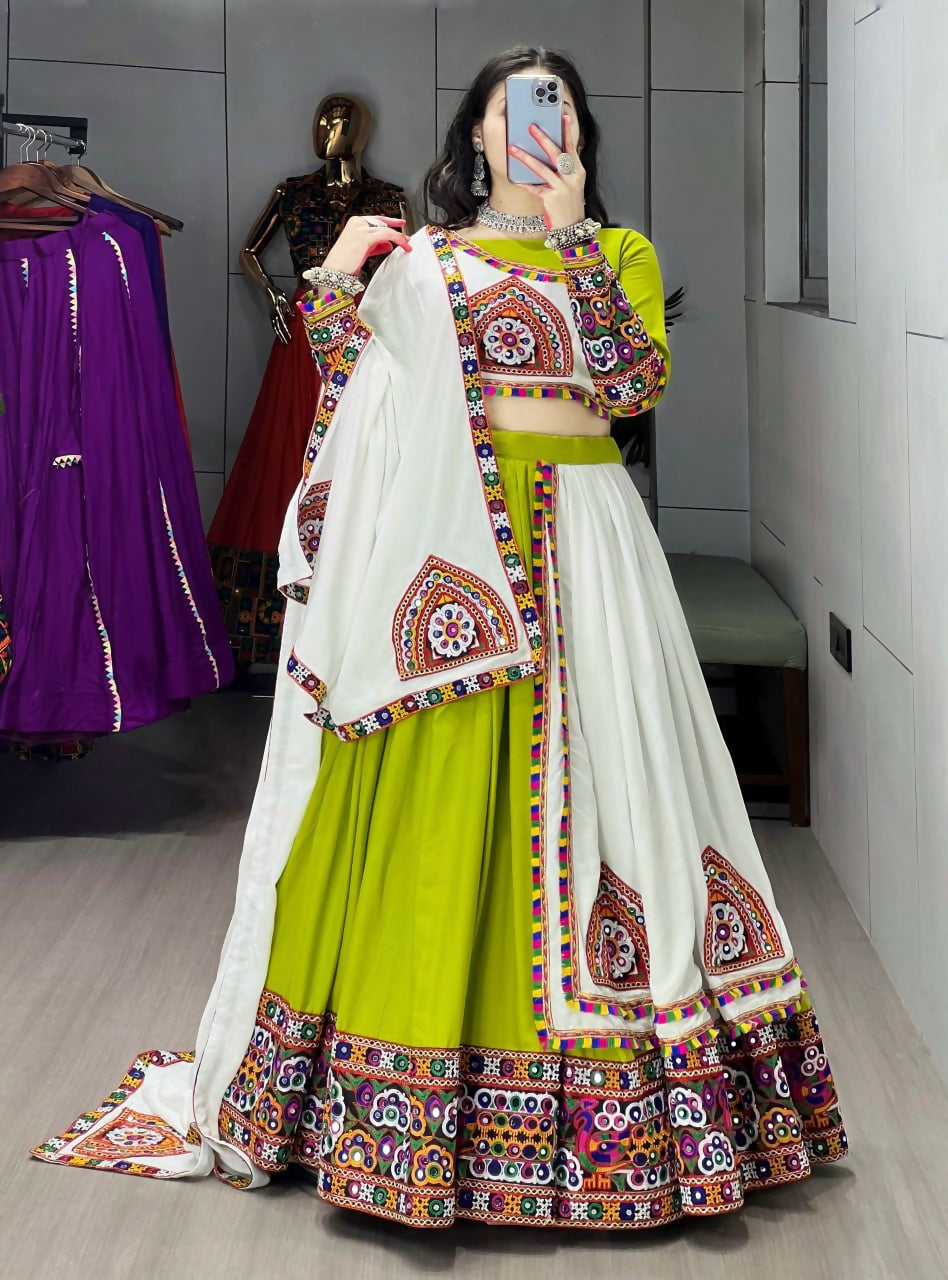 Yash Enterprise Green White Rayon Cotton Embroidery Semi Stitched Navratri Top Chaniya Choli