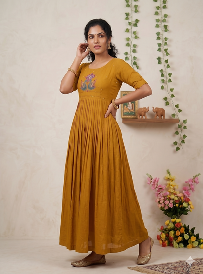 Teeya Creation Women's New Trendy Mustard Pleated Maxi Dress with Intricate Peacock Beadwork