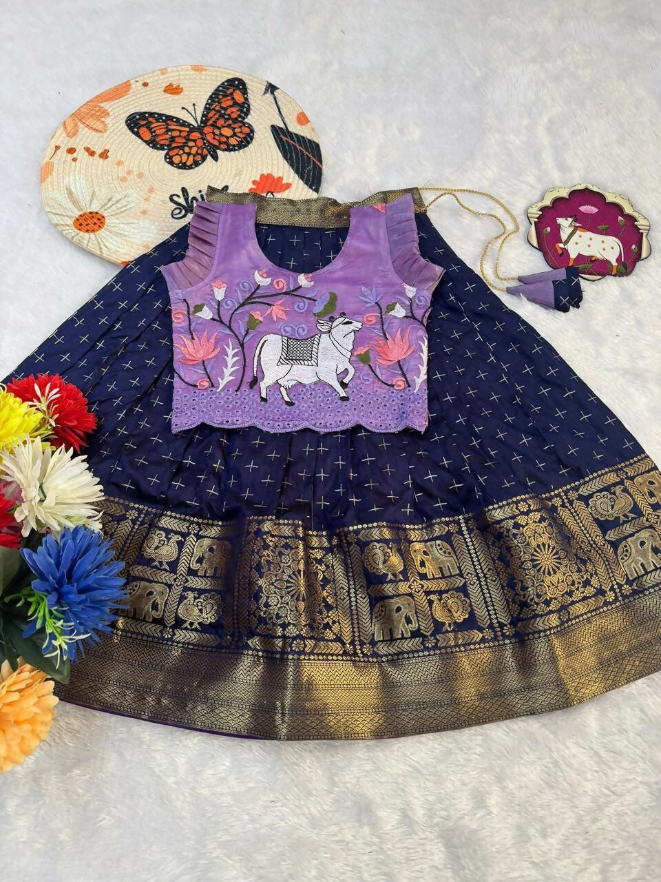 Teeya Creation New Stylish Girls Lavender & Navy Blue Silk Traditional Pichwai Art Lehenga Choli Set-Blue