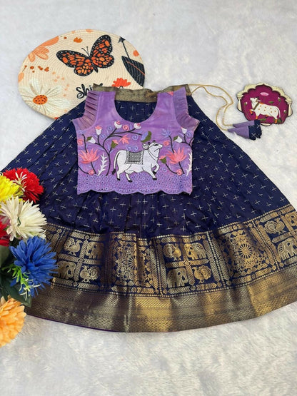 Teeya Creation New Stylish Girls Lavender & Navy Blue Silk Traditional Pichwai Art Lehenga Choli Set-Blue