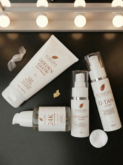 Flawora Set of Golden Glow Face Wash, Anti Acne Serum, 24k Golden Glow Face Serum and D-Tan Lotion