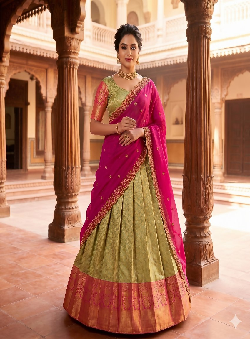 Teeya Creation Pista Green Jacquard Silk Traditional Lehenga Choli with Deep Magenta Dupatta