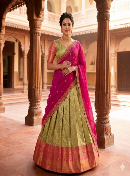 Teeya Creation Pista Green Jacquard Silk Traditional Lehenga Choli with Deep Magenta Dupatta