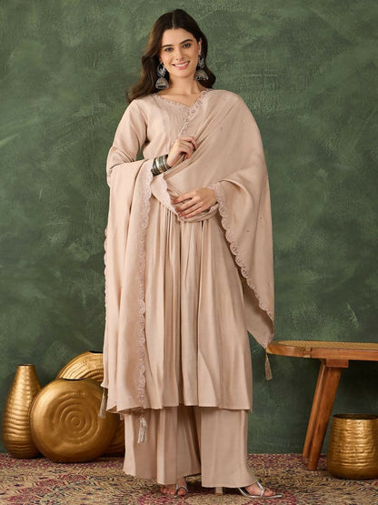 The52 Women's Beautiful Embroidery Work Silk Fabric Straight Kurta Palazzo and Dupatta Set
