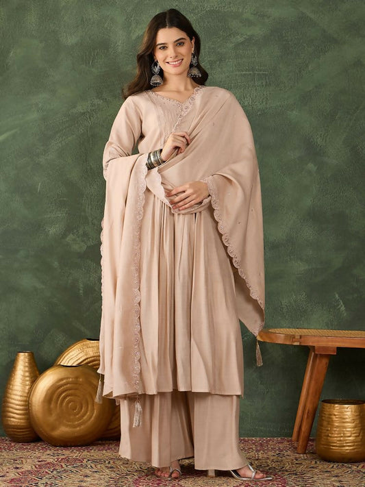 The52 Women's Beautiful Embroidery Work Silk Fabric Straight Kurta Palazzo and Dupatta Set
