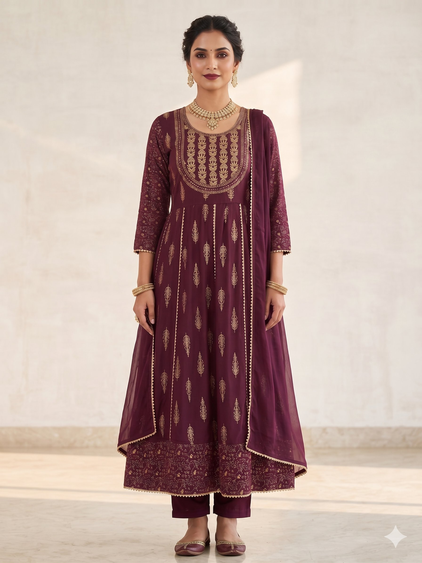Teeya Creation Women's Premium Wine Color Fully Stitched Anarkali Kurta With Pant And Dupatta Set