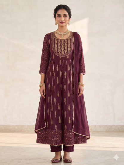 Teeya Creation Women's Premium Wine Color Fully Stitched Anarkali Kurta With Pant And Dupatta Set