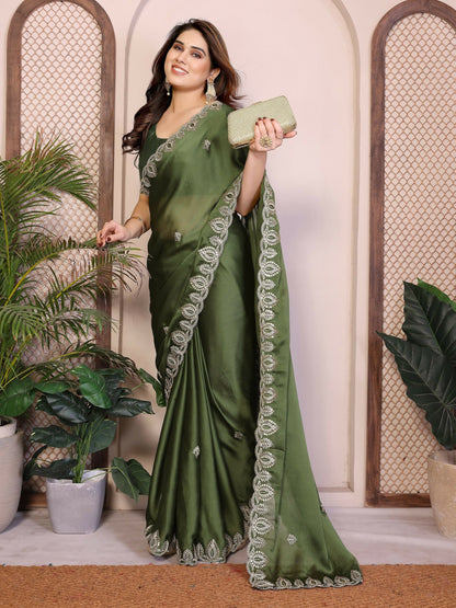 Teeya Creation New Trendy Party Wear Soft Satin Chiffon Saree-Green