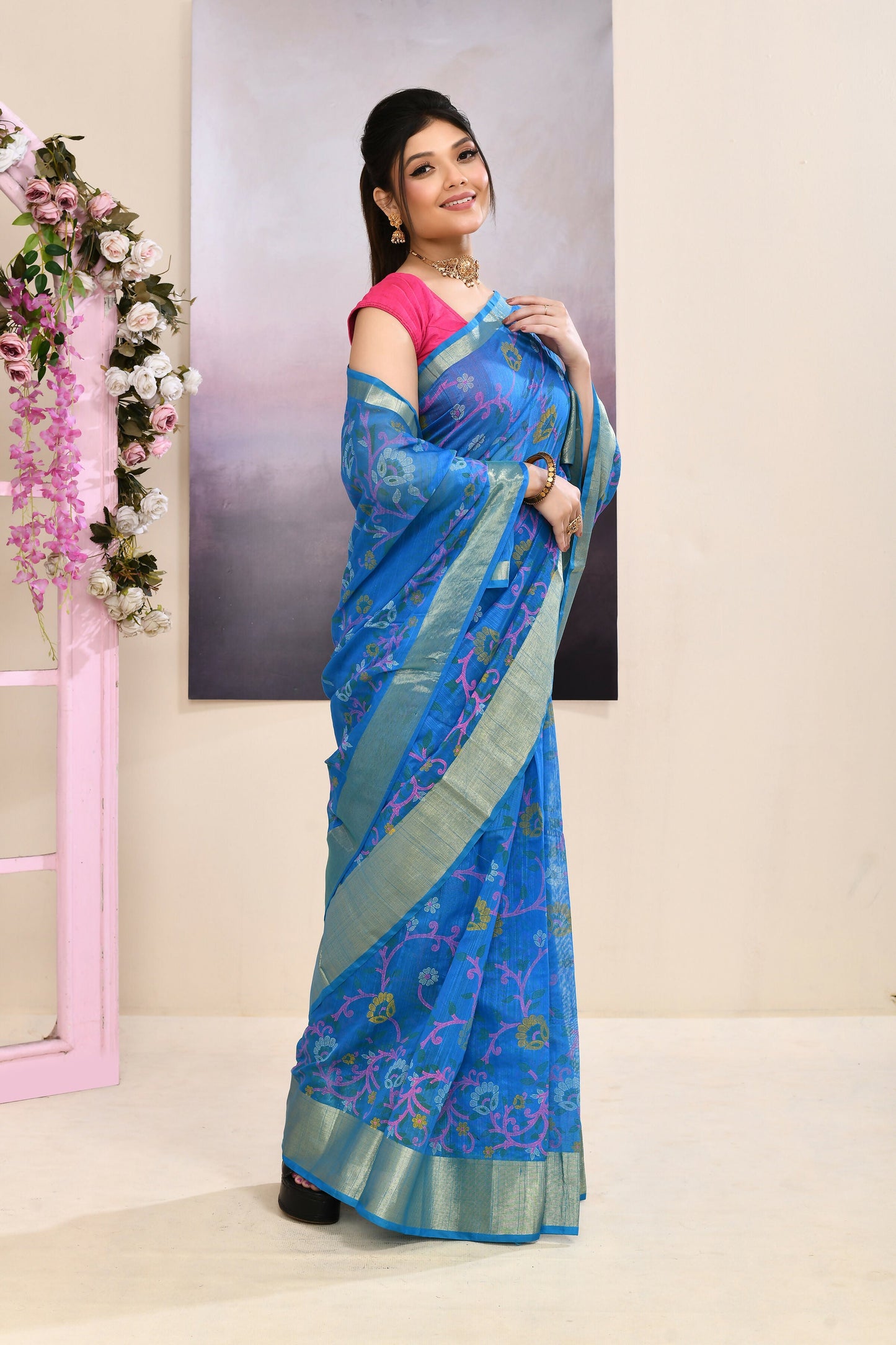 Piyari Fashion Women's Sky Blue Embellished Cotton Blend Printed Saree