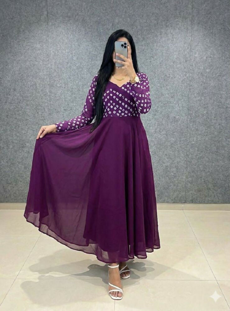 Teeya Creation Women's Wine Bandhani Print Anarkali Gown