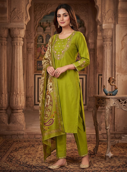 Teeya Creation Women Olive Green Embroidered Kurta Pant Set With Dupatta