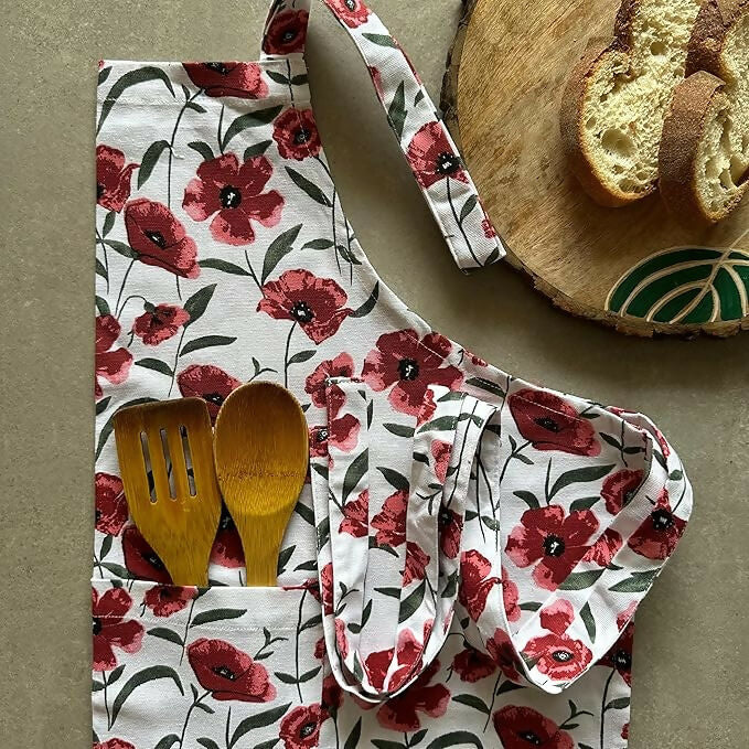 Oak & Lily 100% Cotton Kitchen Apron-Red Poppy Flower