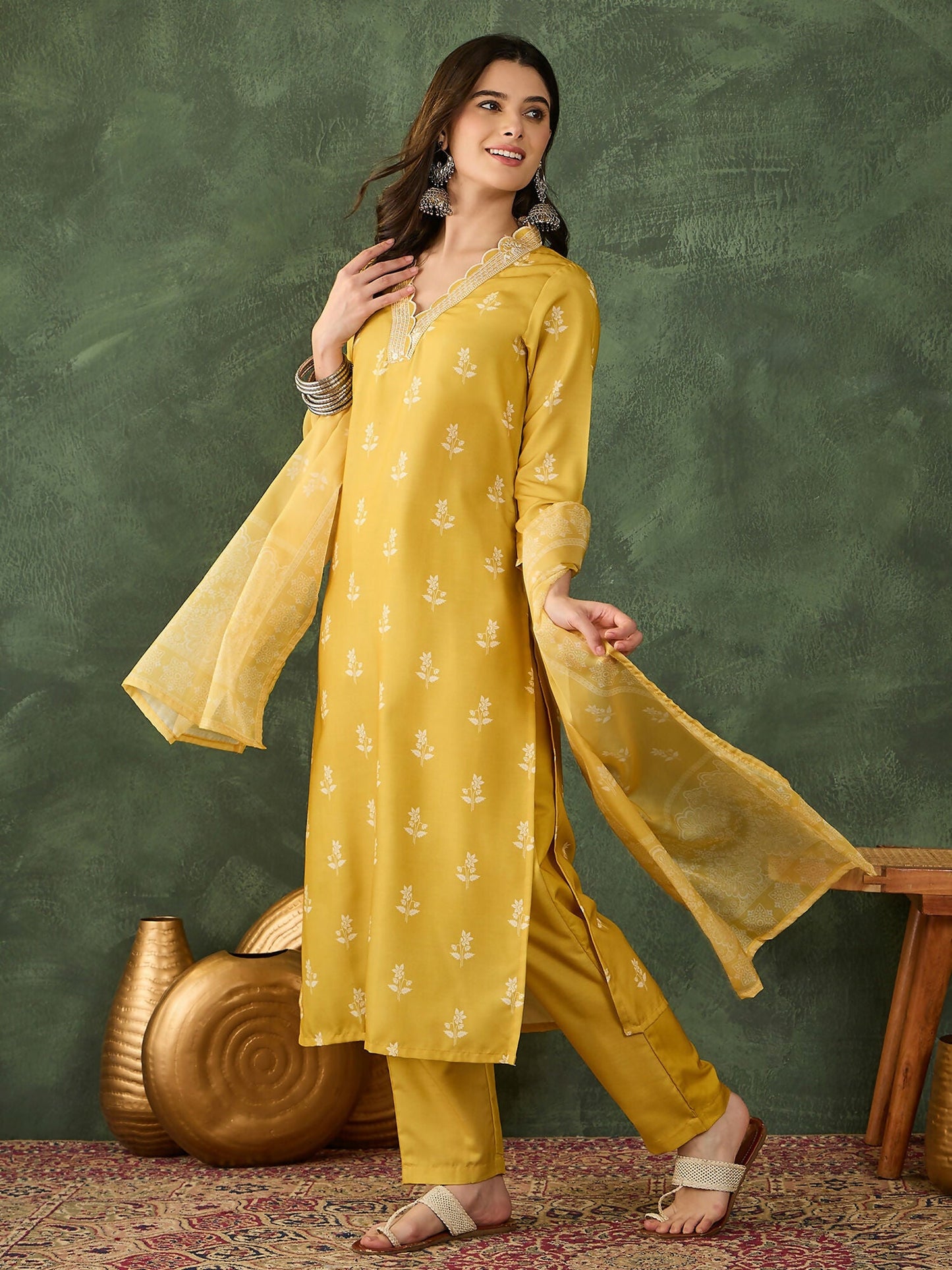 The52 Women's Gorgeous Rayon Fabric Printed Work Straight Kurta Pant and Dupatta Set-Yellow