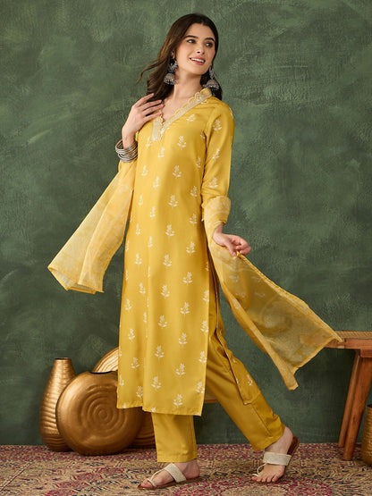 The52 Women's Gorgeous Rayon Fabric Printed Work Straight Kurta Pant and Dupatta Set-Yellow