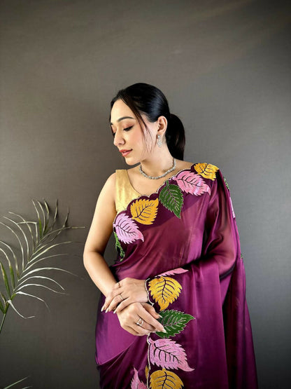 Prime Volt Multicolor Leaf Embroidery Rangoli Silk Saree with Scalloped Border-Purple