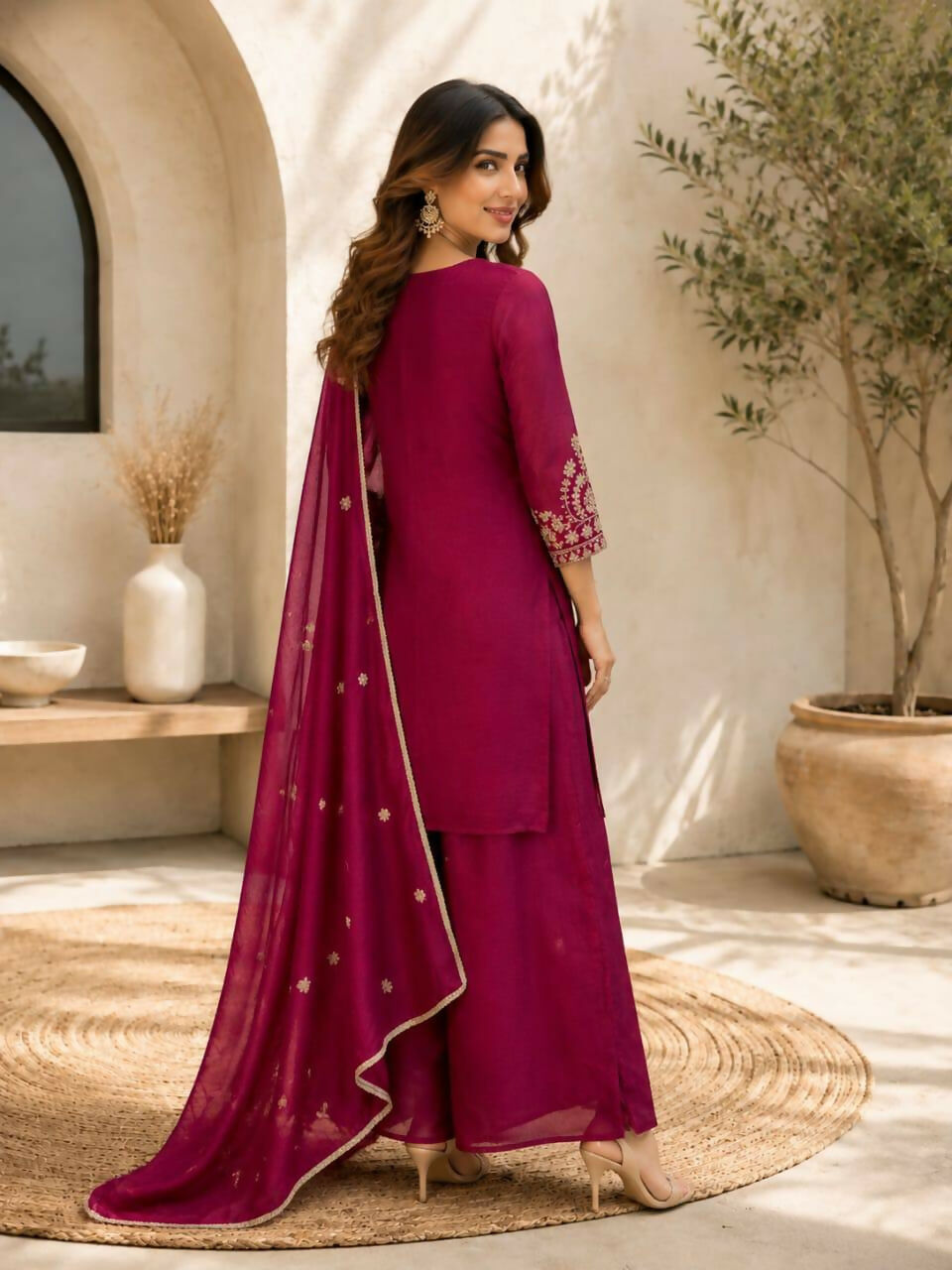 Teeya Creation Wine Embroidered Silk Palazzo Suit With Dupatta