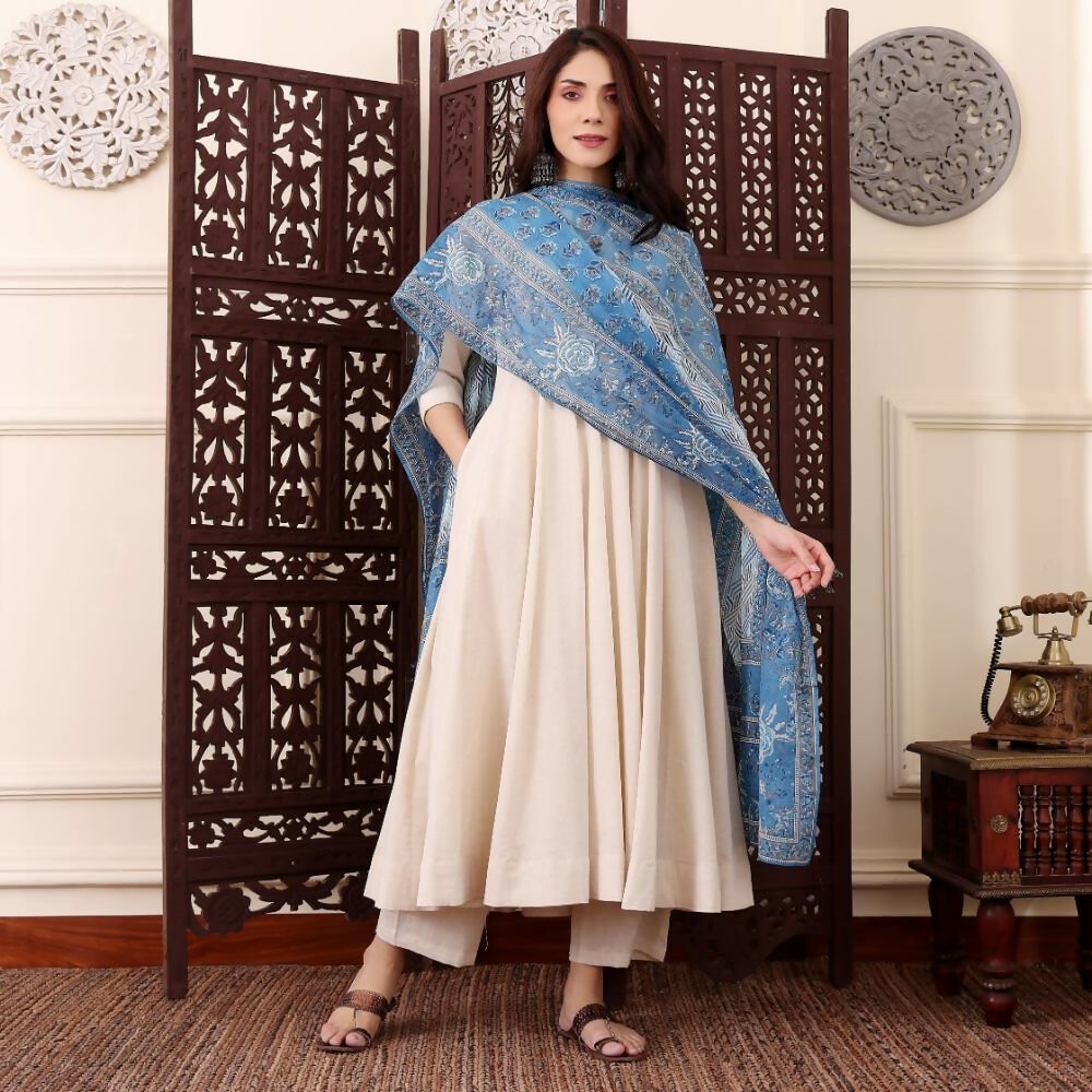 The52 Women's Beautiful Solid Chanderi Silk Fabric Flared Anarkali Pant and Dupatta Set-Off White