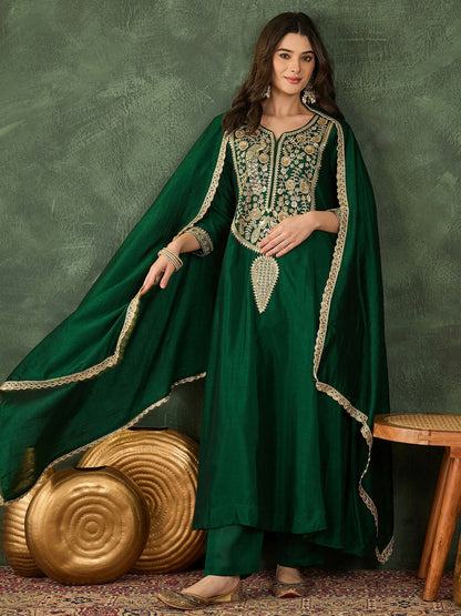The52 Women's Beautiful Embroidery Work Vichitra Silk Fabric Flared Kurta Pant and Dupatta Set-Green