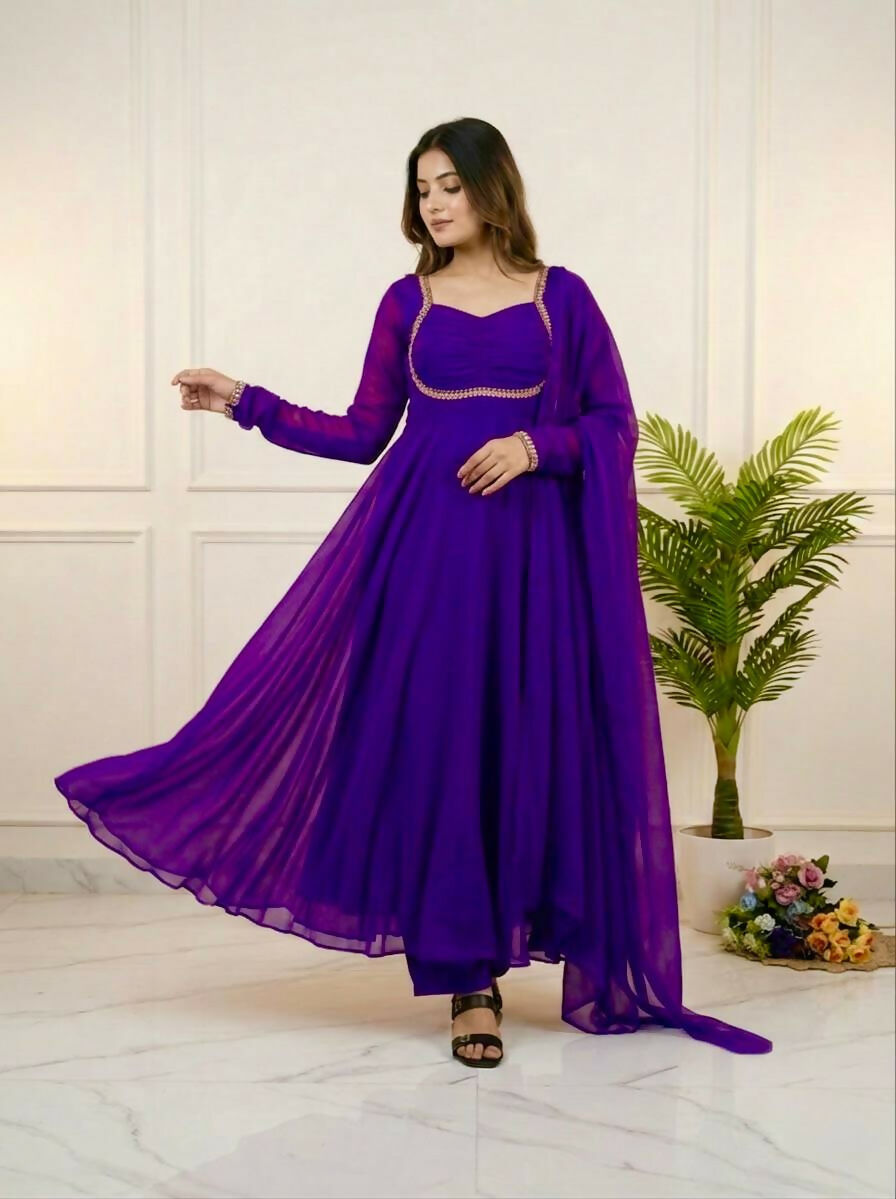 Teeya Creation Womens New Fancy Silk Heavy Quality Fabric With Handwork Purple Gown Set
