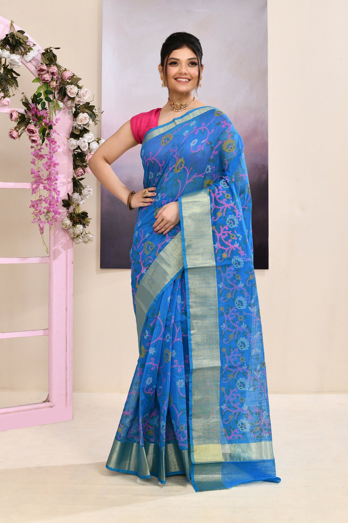 Piyari Fashion Women's Sky Blue Embellished Cotton Blend Printed Saree