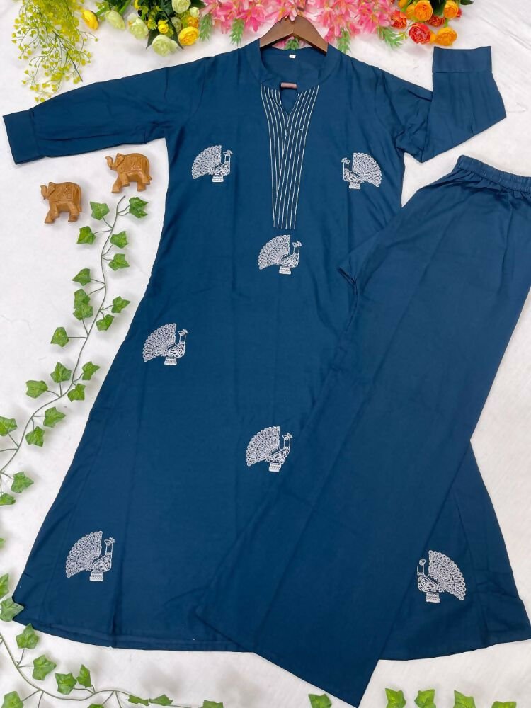 Teeya Creation Women Blue Cotton Printed Kurta with Trousers Co-ord Set