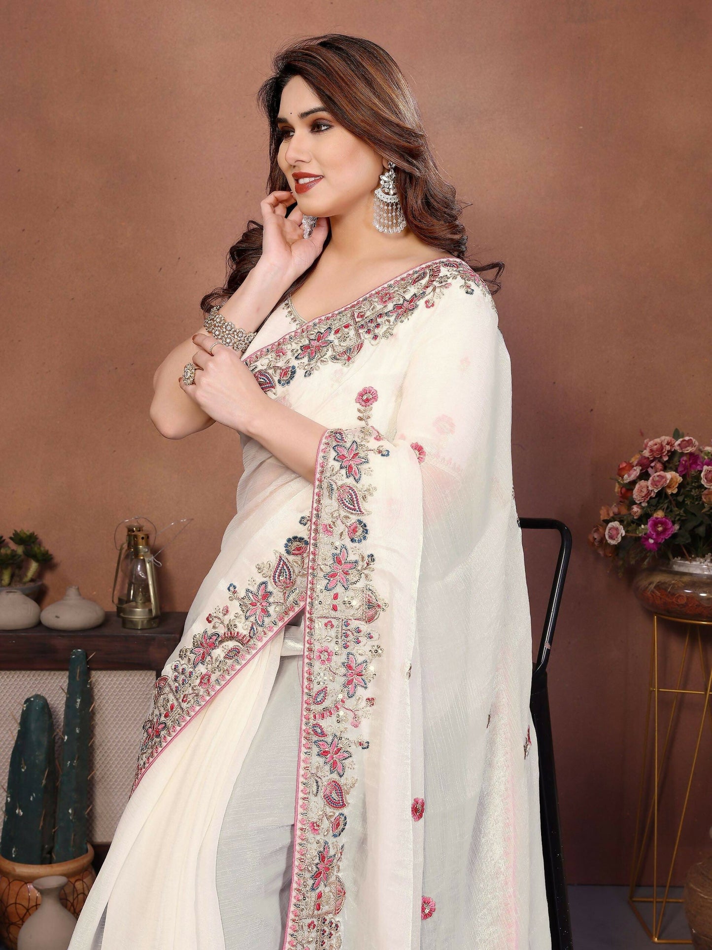 Teeya Creation New Womens Latest Party Wear Soft Chiffon Silk Saree-White
