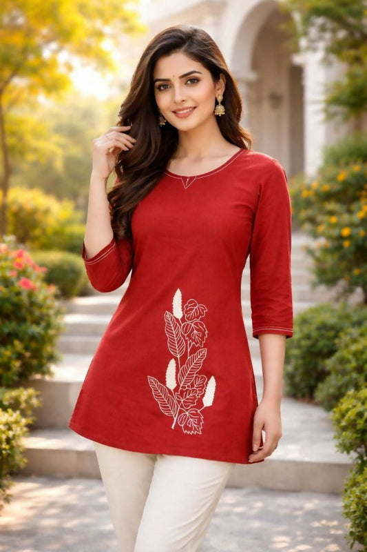 Teeya Creation Womens New Latest Cotton Orange Floral Embroidered Short Kurti