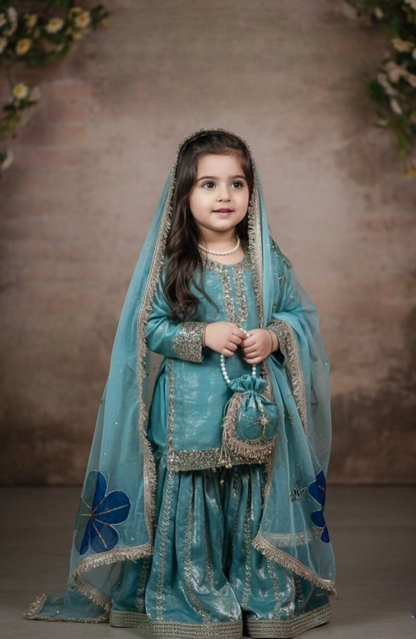 Teeya Creation New Kids Latest Trendy Kurta Sharara Set-Turquoise