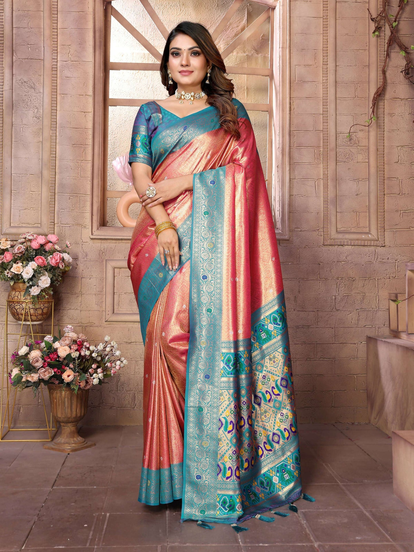 Aastha Fashion Red Banarasi Tissue Silk Weaving Saree
