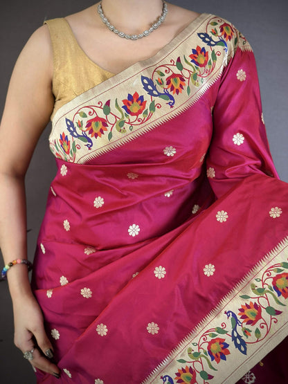 Prime Volt Premium Soft Silk Mayur Paithani Saree with Peacock Meena Weaving & Rich Pallu-Deep Maroon