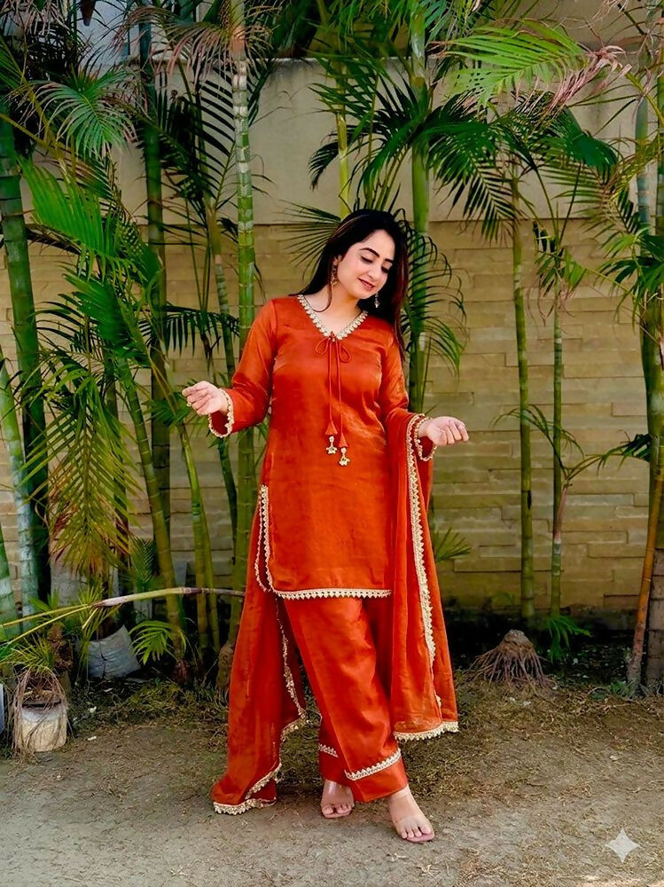 Teeya Creation New Trendy Elegant Orange Chanderi Silk Kurta Set with Delicate Lace Detailing and Matching Dupatta