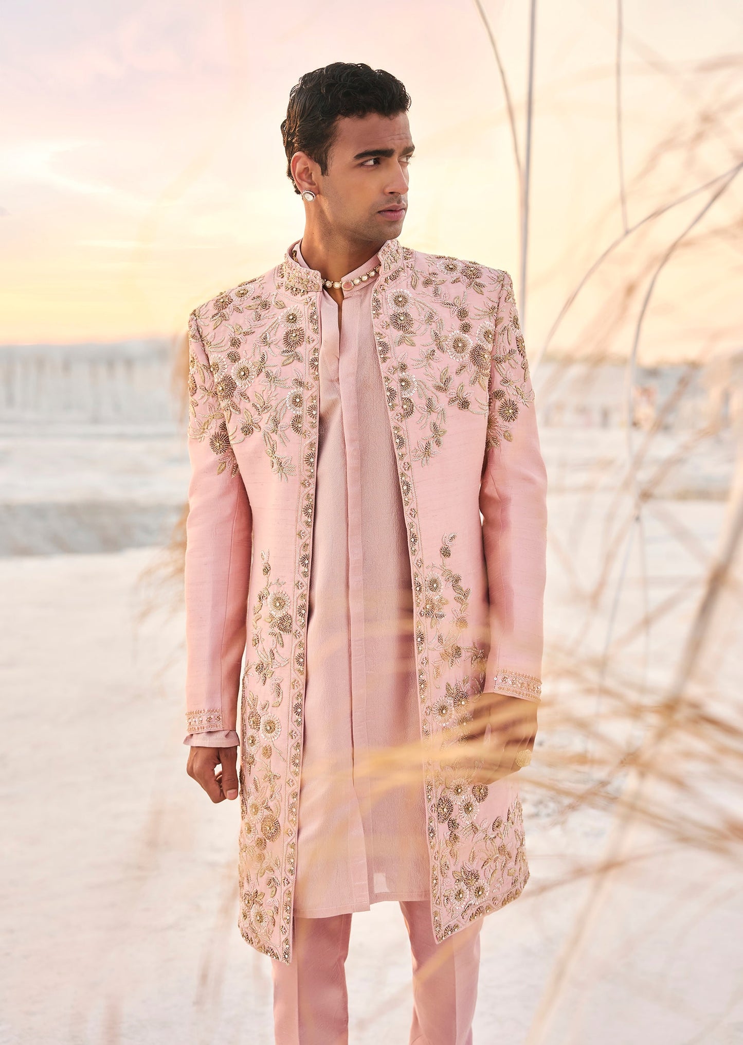 Dusky Pink Silk Sherwani Set With Hand Embroidered Floral Motifs