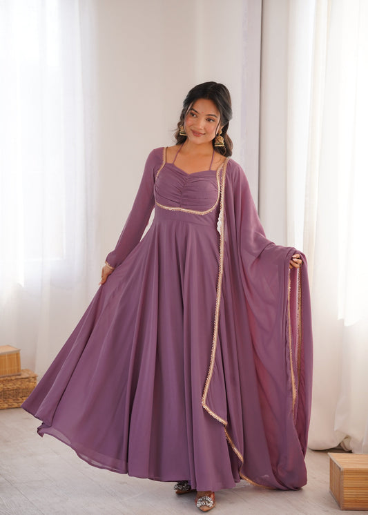 Lehenga Mart Designer Anarkali Suit With Kurta Dupatta For Women-Mauve Pink