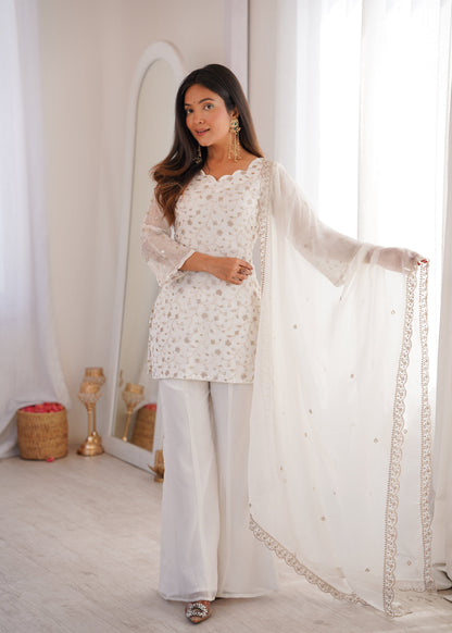 Lehenga Mart Designer Suit With Kurta Palazzo Dupatta For Women-Off-White