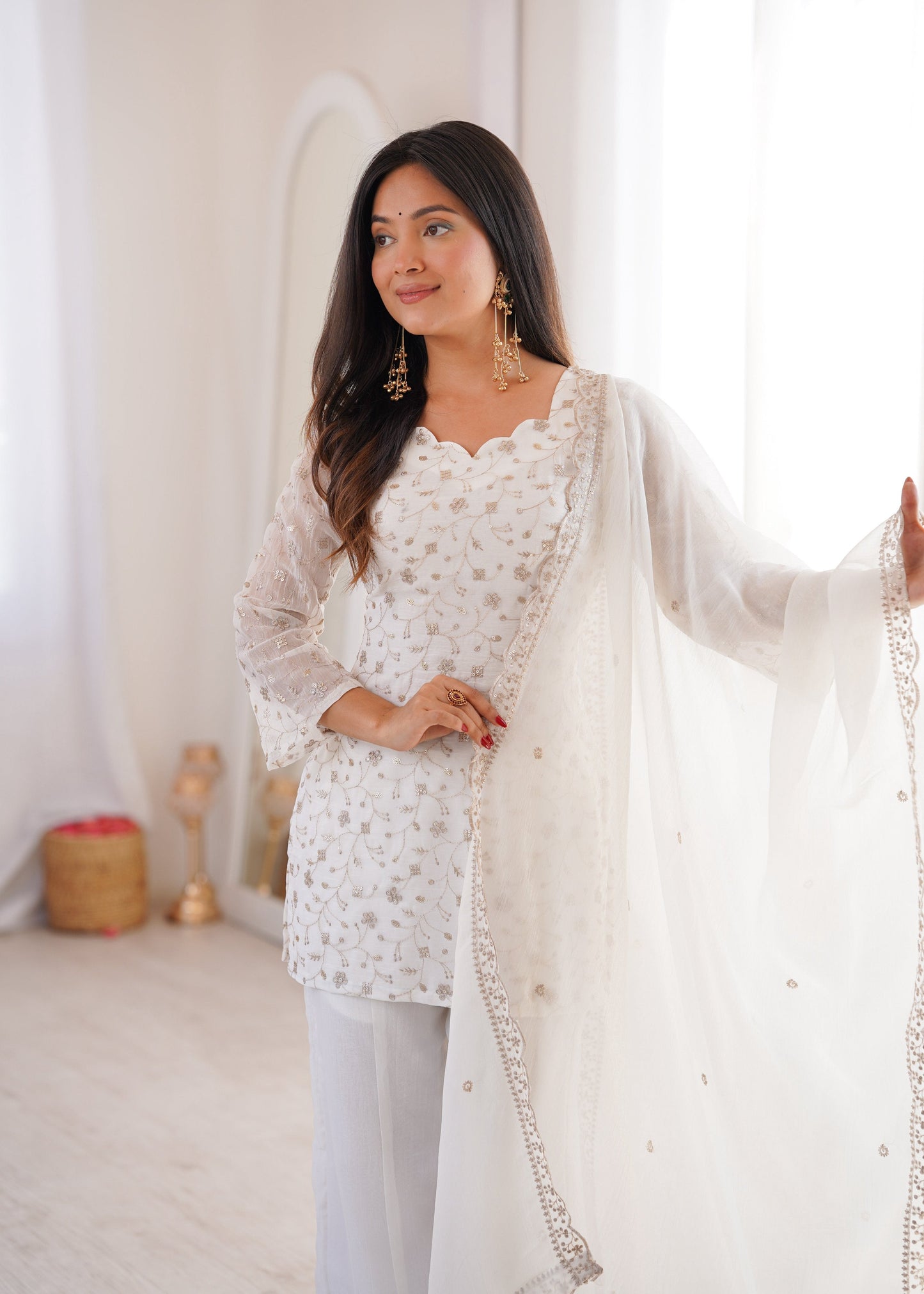 Lehenga Mart Designer Suit With Kurta Palazzo Dupatta For Women-Off-White