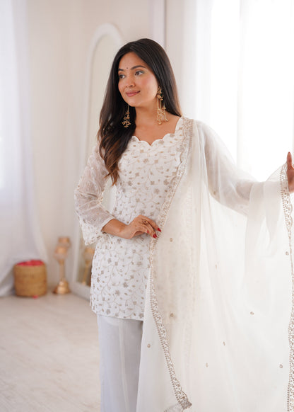 Lehenga Mart Designer Suit With Kurta Palazzo Dupatta For Women-Off-White