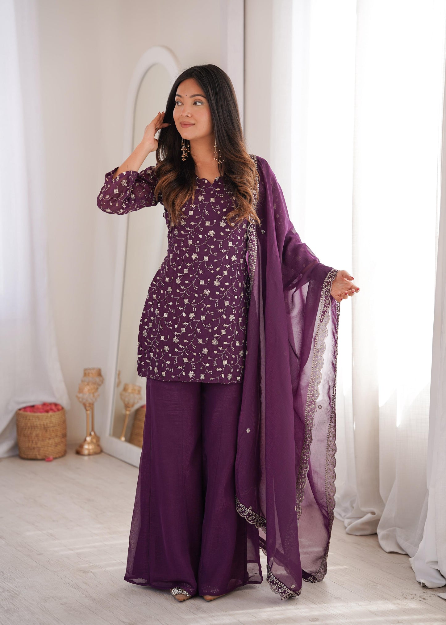 Lehenga Mart Designer Suit With Kurta Palazzo Dupatta For Women-Wine