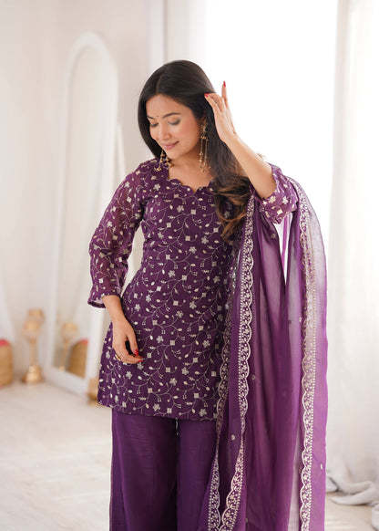 Lehenga Mart Designer Suit With Kurta Palazzo Dupatta For Women-Wine