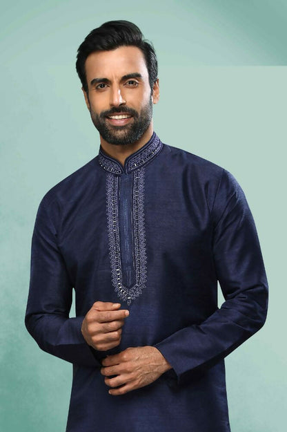 Raivat Ethnic Art Silk Mirror Embroidery Work Kurta Pajama In Blue Colour